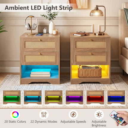 Nightstand with LED Lights & Charging Station, 2 Drawers