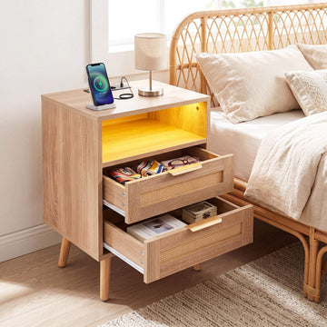 Nightstand with LED Lights & Charging Station, Rattan Drawers