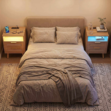 Nightstand with LED Lights & Charging Station, Rattan Drawers
