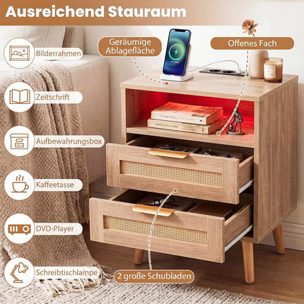 Nightstand with LED Lights & Charging Station, Rattan Drawers