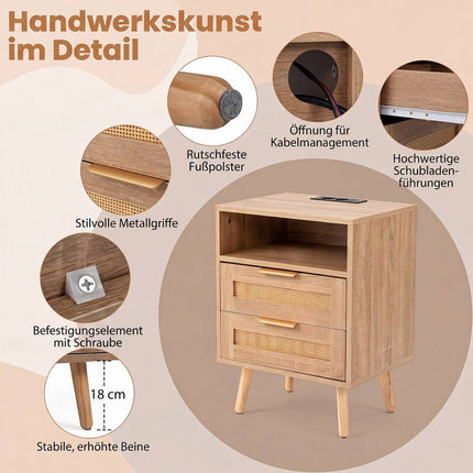 Nightstand with LED Lights & Charging Station, Rattan Drawers