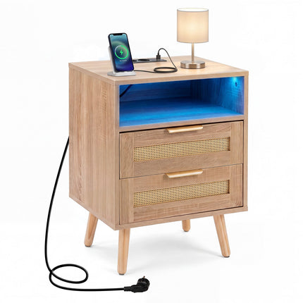 Nightstand with LED Lights & Charging Station, Rattan Drawers