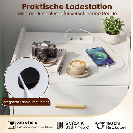 Nightstand with LED Lights and Charging Station, 2 Drawers