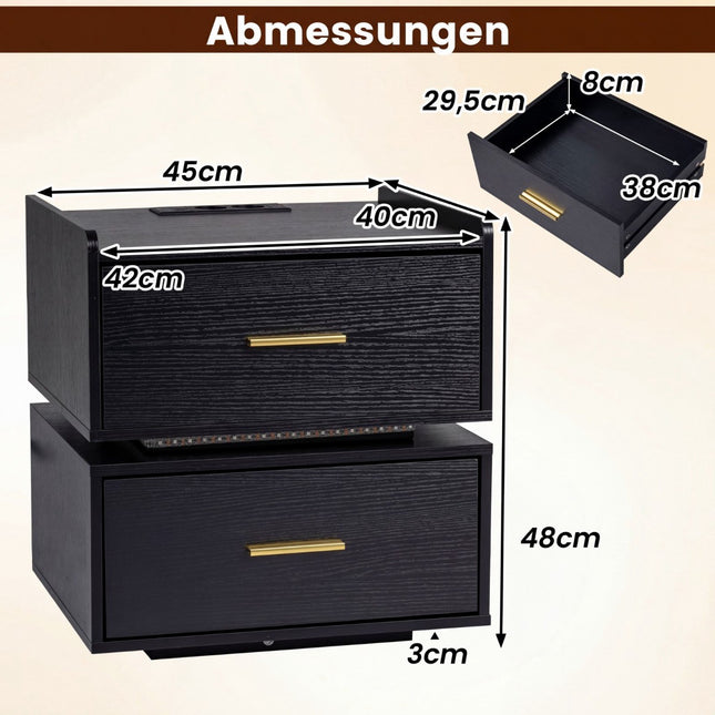 Nightstand with LED Lights and Charging Station, 2 Drawers