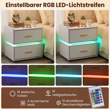 Nightstand with LED Lights and Charging Station, 2 Drawers