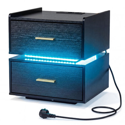 Nightstand with LED Lights and Charging Station, 2 Drawers