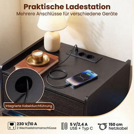 Nightstand with LED Lights and Charging Station, 2 Drawers
