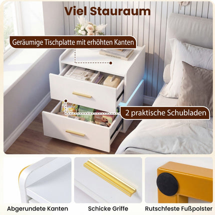 Nightstand with LED Lights and Charging Station, 2 Drawers
