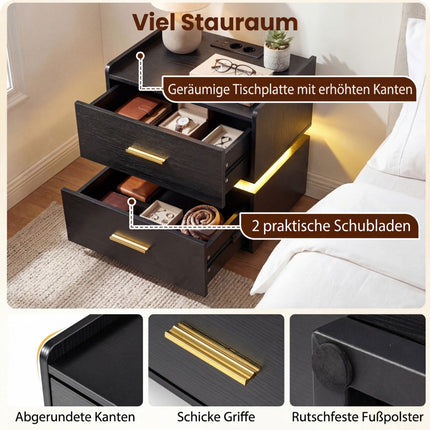 Nightstand with LED Lights and Charging Station, 2 Drawers