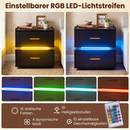 Nightstand with LED Lights and Charging Station, 2 Drawers