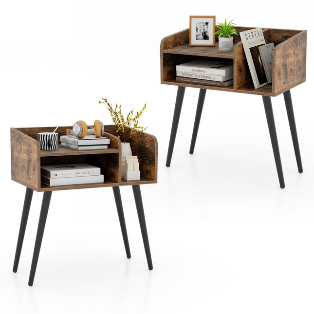 Nightstand with Open Shelf, Metal Legs, Set of 2, Rustic Brown