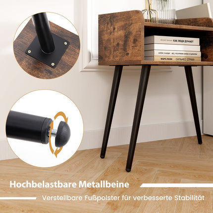 Nightstand with Open Shelf, Metal Legs, Set of 2, Rustic Brown
