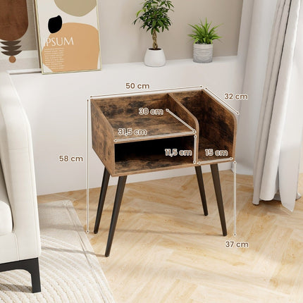 Nightstand with Open Shelf, Metal Legs, Set of 2, Rustic Brown