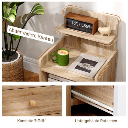 Nightstand with Storage, Chipboard, Tip-Resistant, Natural Wood