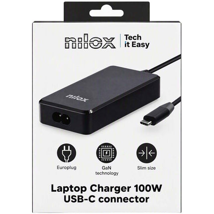 Nilox 100W GaN USB-C Laptop Charger with Power Delivery, 1.8 m USB-C Cable