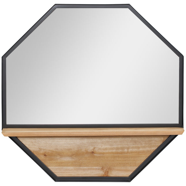 Octagon wall mirror with shelf, industrial style, black, 61cm