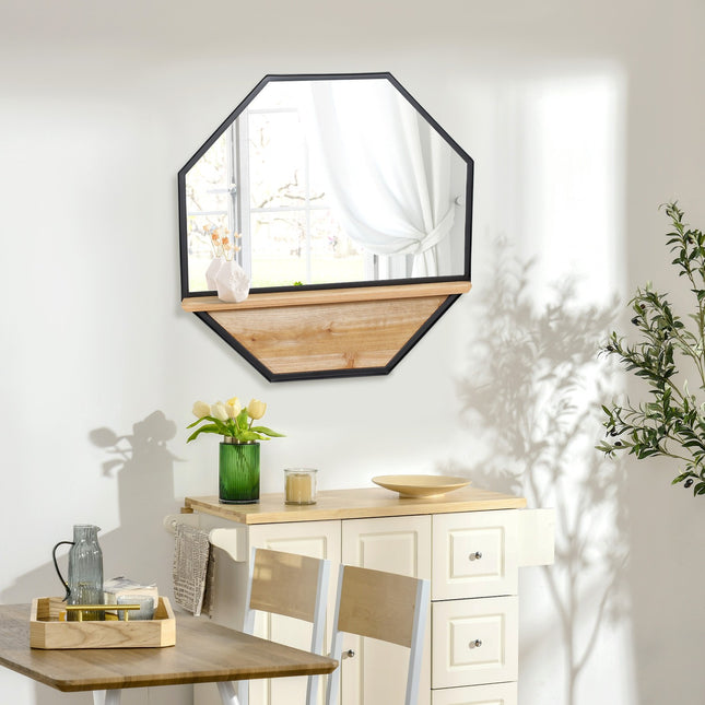Octagon wall mirror with shelf, industrial style, black, 61cm