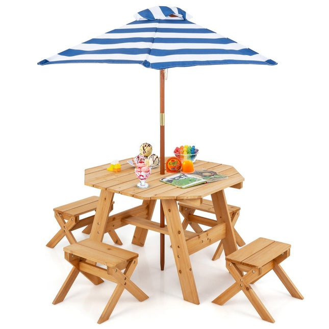 Octagonal Wooden Placemat with 4 Chairs &amp; Height-adjustable parasol picnic table natural