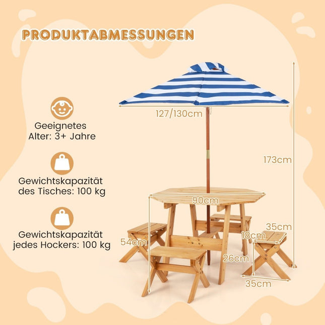 Octagonal Wooden Placemat with 4 Chairs &amp; Height-adjustable parasol picnic table natural