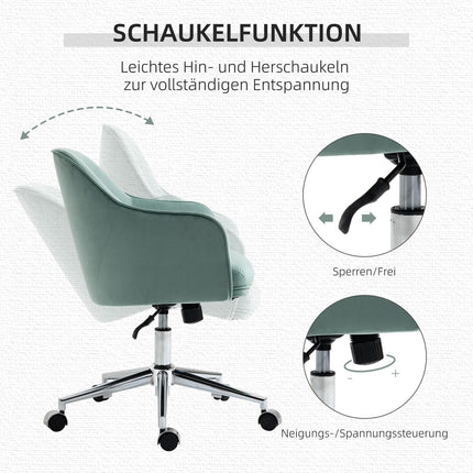 Ergonomic office chair, height adjustable velvet, green