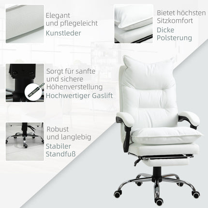 White artificial leather office chair with footrest, adjustable height
