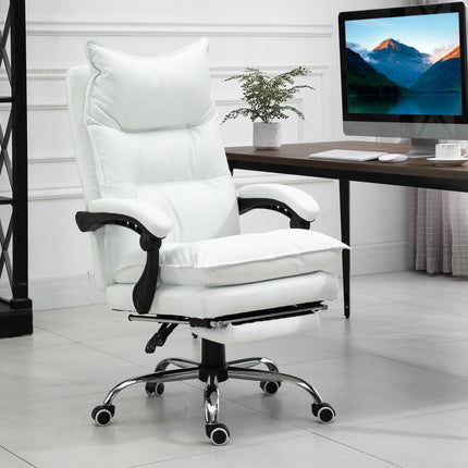 White artificial leather office chair with footrest, adjustable height