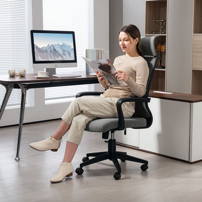 Office Chair with Adjustable Height, Wheels, Armrests, Grey