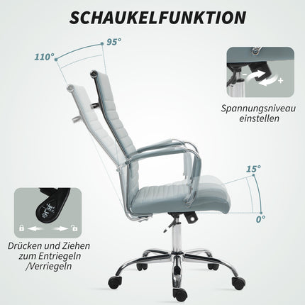 Bureaustoel, ergonomische bureaustoel met wipfunctie, in hoogte verstelbare draaistoel met armleuning, computerstoel, kunstleer, lichtgrijs Aosoom