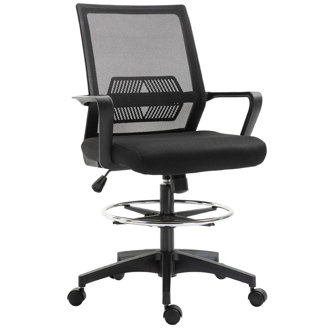 Office chair, height-adjustable desk chair with footrest, mesh backrest, rollable, plastic, black