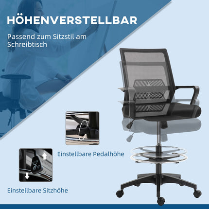 Office chair, height-adjustable desk chair with footrest, mesh backrest, rollable, plastic, black
