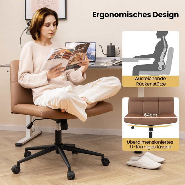 Office chair without armrests Desk chair with wide seat 360° rotating faux leather for home office Brown