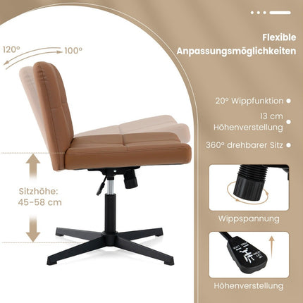 Office chair without armrests Desk chair with wide seat &amp; Rocker function faux leather for home office brown