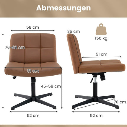 Office chair without armrests Desk chair with wide seat &amp; Rocker function faux leather for home office brown