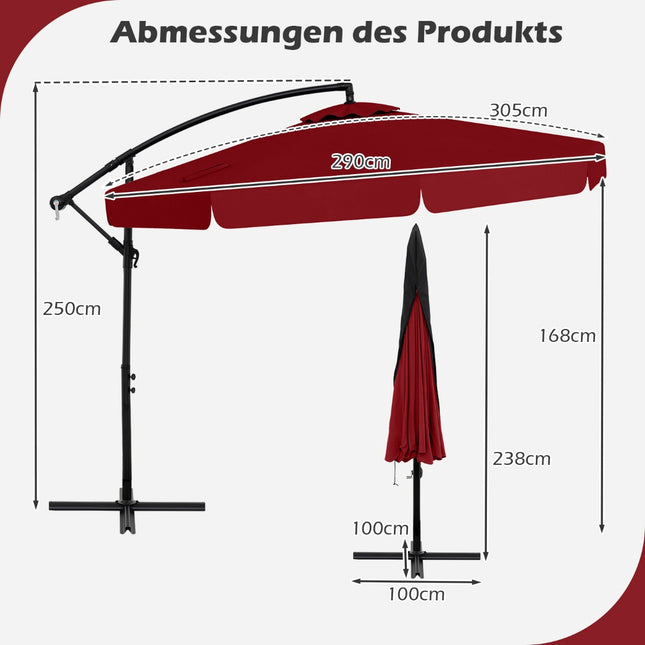 Offset Patio Umbrella 305 cm with Cover, Crank, Red
