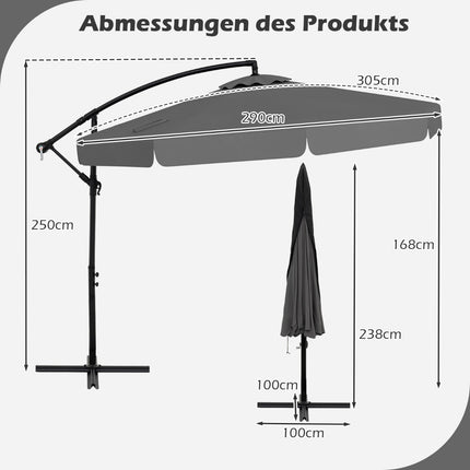 Offset Patio Umbrella 305 cm with Cover and Crank, Grey