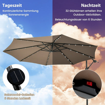 Offset Patio Umbrella, 3m, Solar LED, UV Protection, Brown