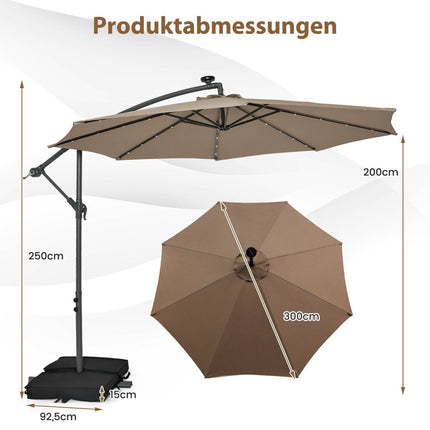 Offset Patio Umbrella, 3m, Solar LED, UV Protection, Brown