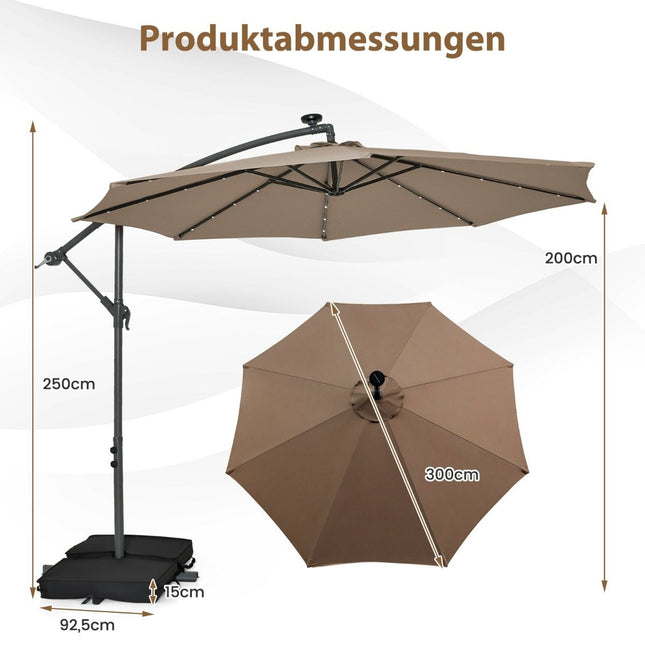 Offset Patio Umbrella, 3m, Solar LED, UV Protection, Brown