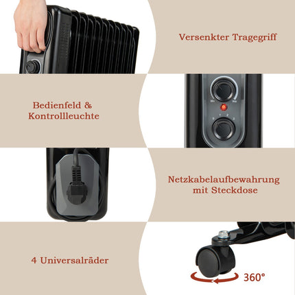 Oil-Filled Radiator Heater 2500W, 3 Heat Settings, Black