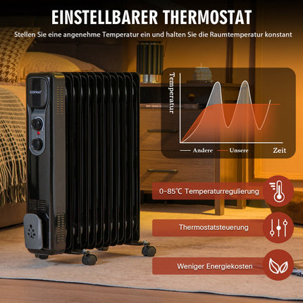 Oil-Filled Radiator Heater 2500W, 3 Heat Settings, Black