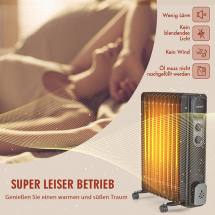 Oil-Filled Radiator Heater 2500W, 3 Heat Settings, Black