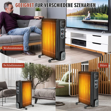 Oil-Filled Radiator Heater 2500W, 3 Heat Settings, Black