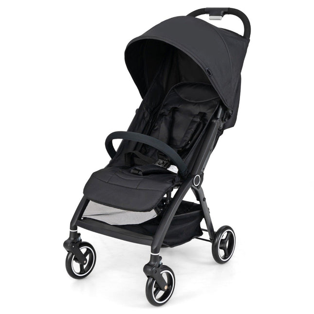 One-handed folding stroller with adjustable backrest and canopy, travel buggy, black