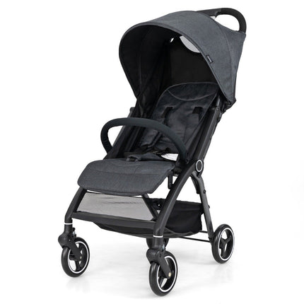 One-handed folding stroller with adjustable backrest and canopy, travel buggy, grey