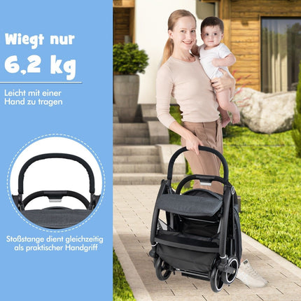 One-handed folding stroller with adjustable backrest and canopy, travel buggy, grey