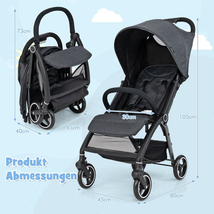 One-handed folding stroller with adjustable backrest and canopy, travel buggy, grey