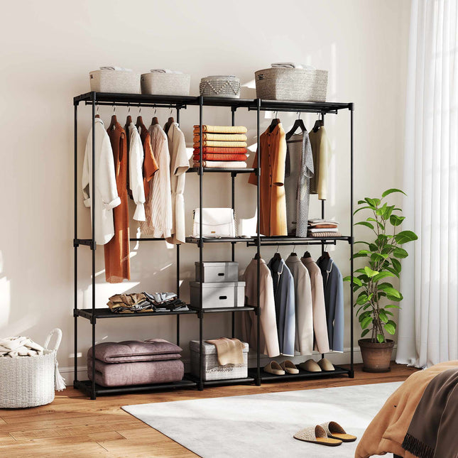 Open Wardrobe with 4 Shelves, 2 Hanging Sections, Black