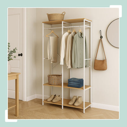 Open Wardrobe with Rails & Shelves – Iron Frame, Wood Panels