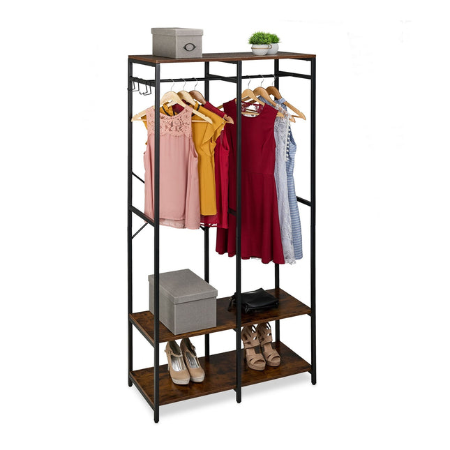 Open Wardrobe with Rails & Shelves – Iron Frame, Wood Panels