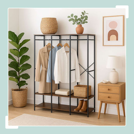 Open Wardrobe with Rails & Shelves – Iron Frame, Wood Panels